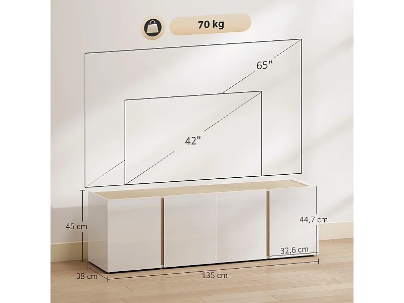 Meuble TV blanc pour TV jusqu’à 65", portes soft-close, étagères réglables, 135 x 38 x 45 cm, salon