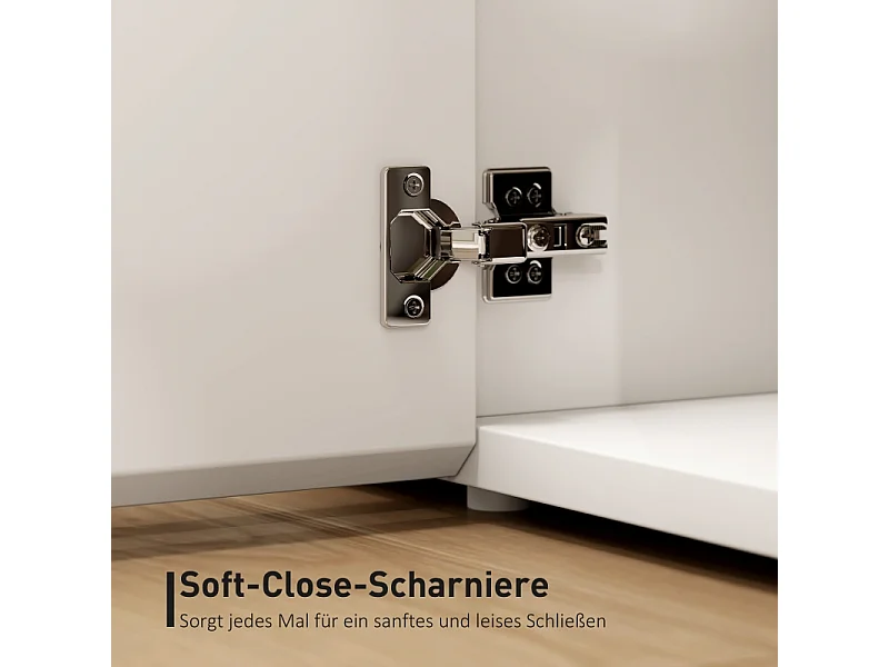 Meuble TV blanc pour TV jusqu’à 65", portes soft-close, étagères réglables, 135 x 38 x 45 cm, salon