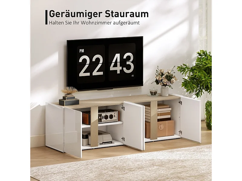 Meuble TV blanc pour TV jusqu’à 65", portes soft-close, étagères réglables, 135 x 38 x 45 cm, salon