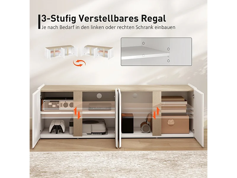 Meuble TV blanc pour TV jusqu’à 65", portes soft-close, étagères réglables, 135 x 38 x 45 cm, salon