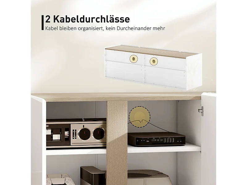 Meuble TV blanc pour TV jusqu’à 65", portes soft-close, étagères réglables, 135 x 38 x 45 cm, salon