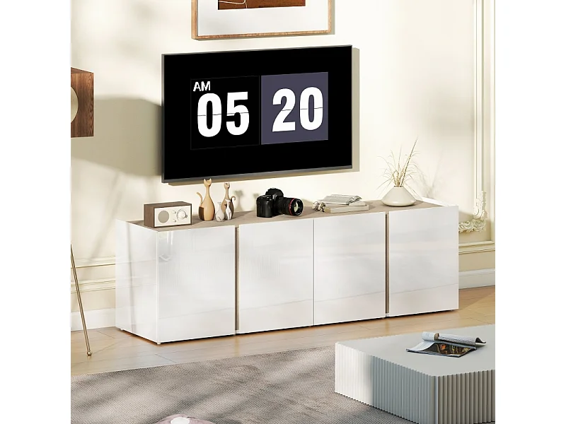 Meuble TV blanc pour TV jusqu’à 65", portes soft-close, étagères réglables, 135 x 38 x 45 cm, salon