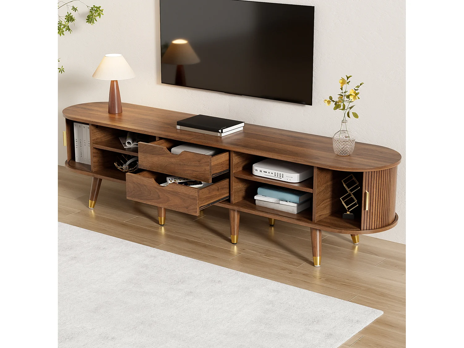 Meuble TV 175 cm effet noyer avec porte coulissante en rotin, tiroirs et niches ouvertes, salon