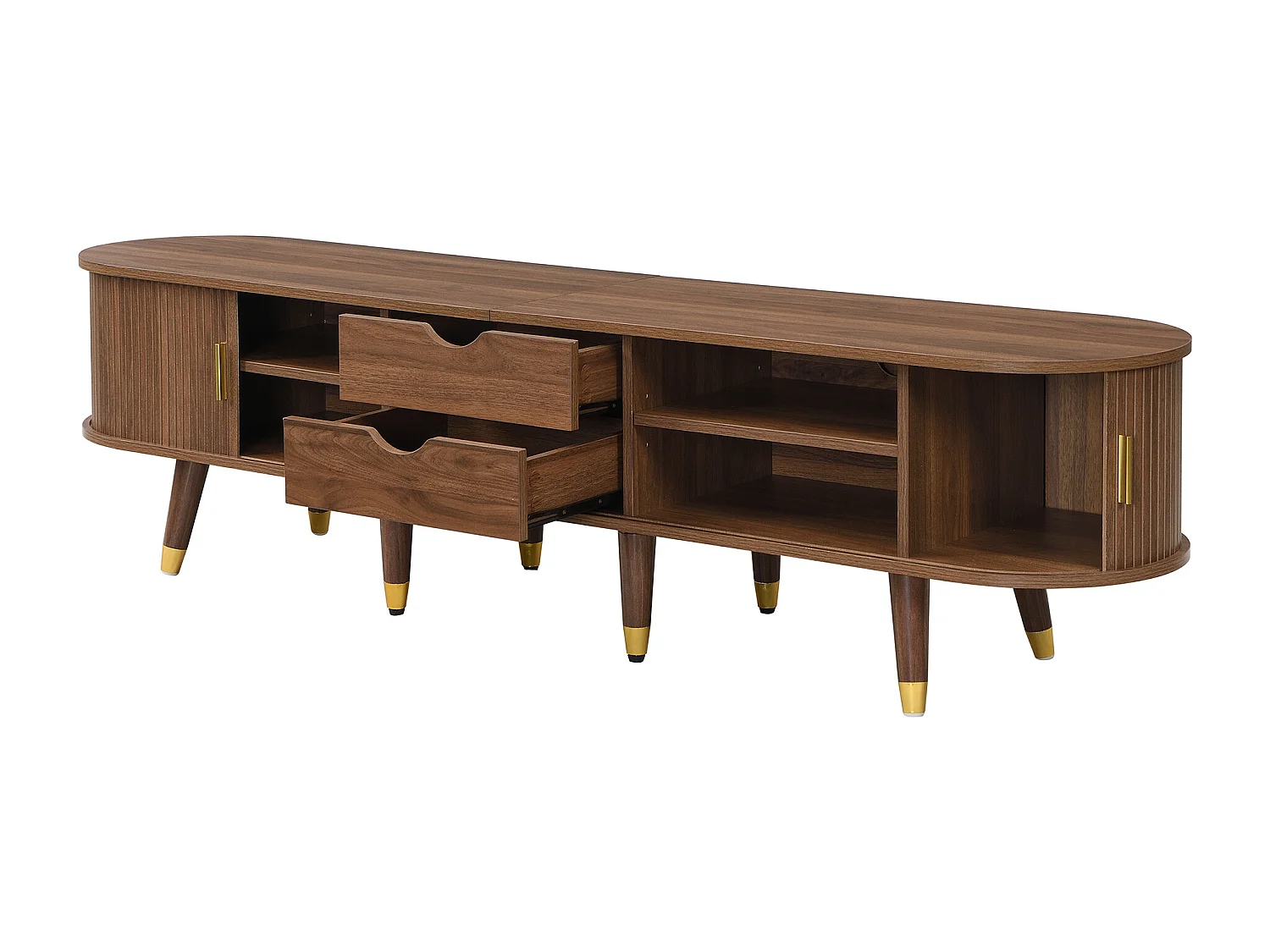 Meuble TV 175 cm effet noyer avec porte coulissante en rotin, tiroirs et niches ouvertes, salon