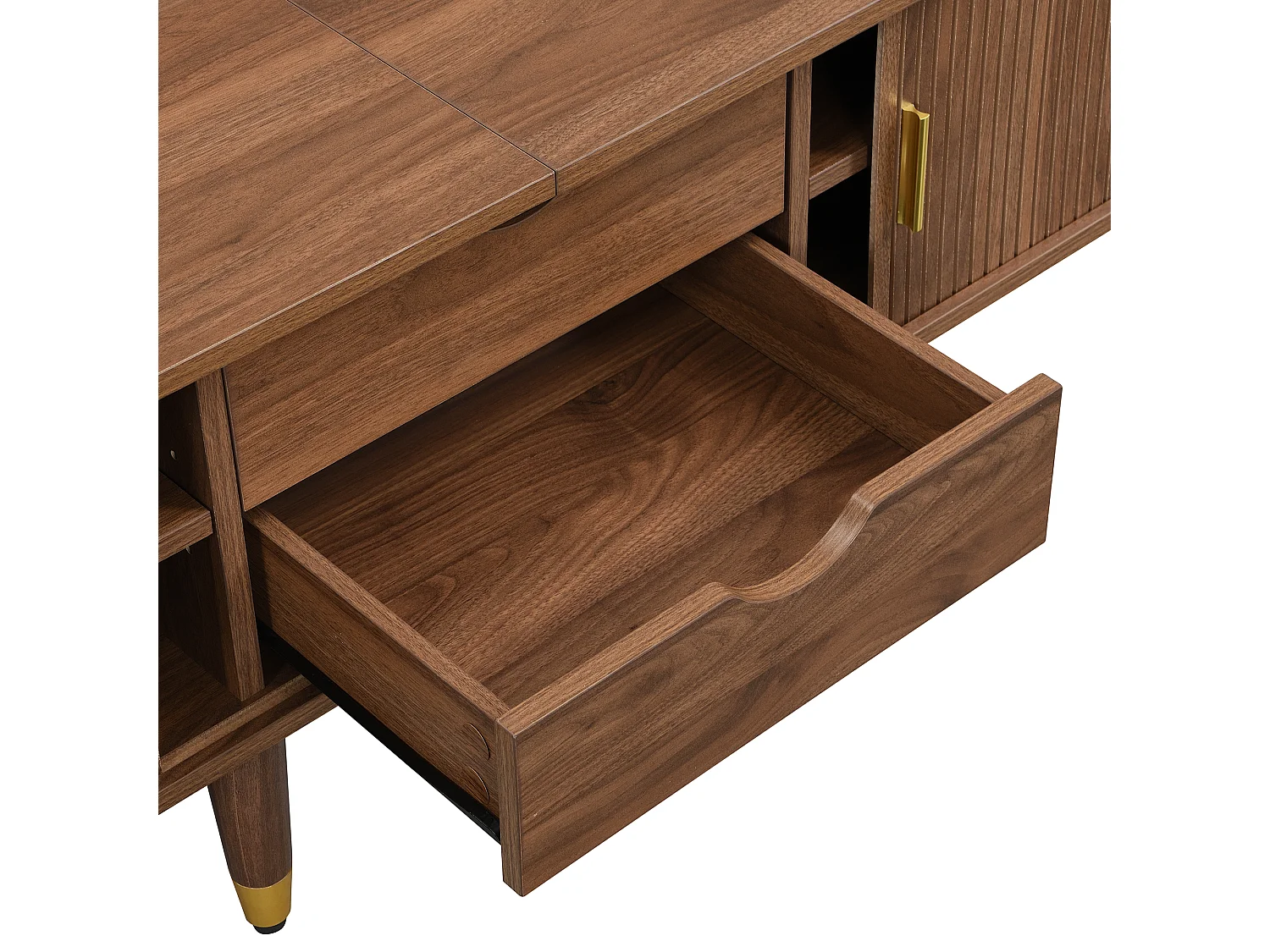 Meuble TV 175 cm effet noyer avec porte coulissante en rotin, tiroirs et niches ouvertes, salon