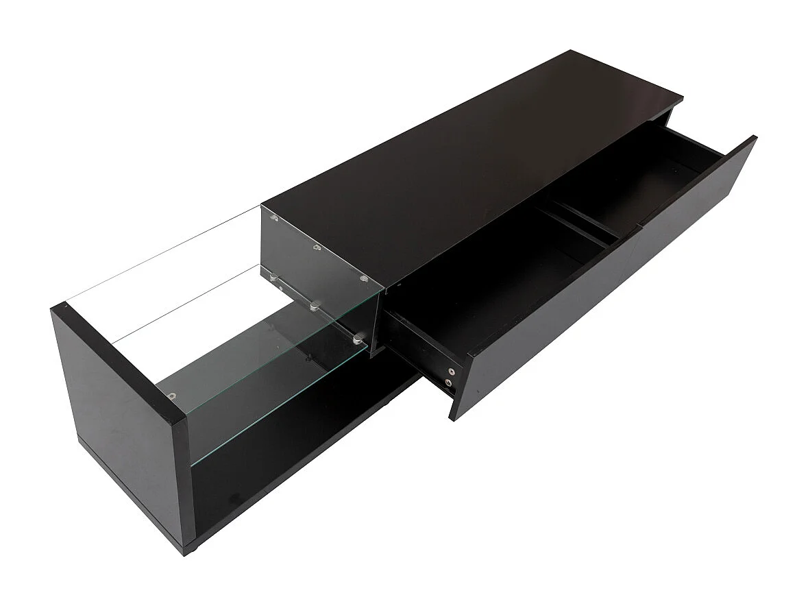 Mueble de TV con mamparas de cristal e iluminación LED regulable, con 2 cajones y un estante abierto, color negro