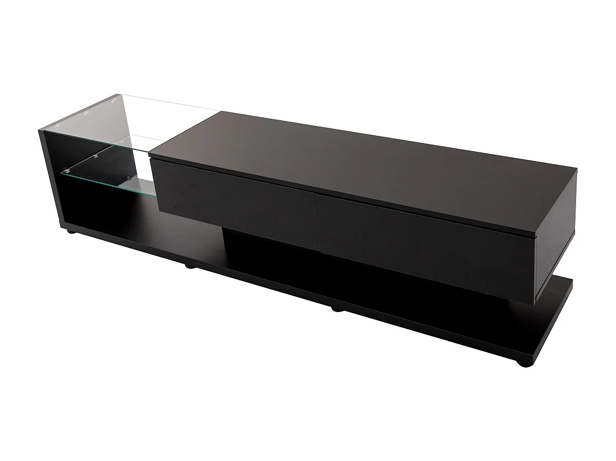 Mueble de TV con mamparas de cristal e iluminación LED regulable, con 2 cajones y un estante abierto, color negro