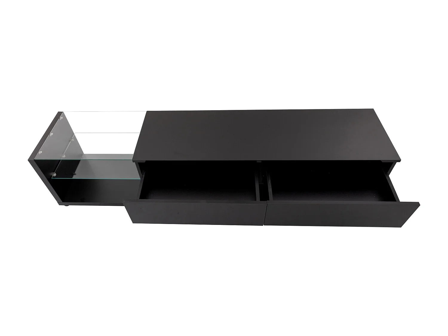 Mueble de TV con mamparas de cristal e iluminación LED regulable, con 2 cajones y un estante abierto, color negro