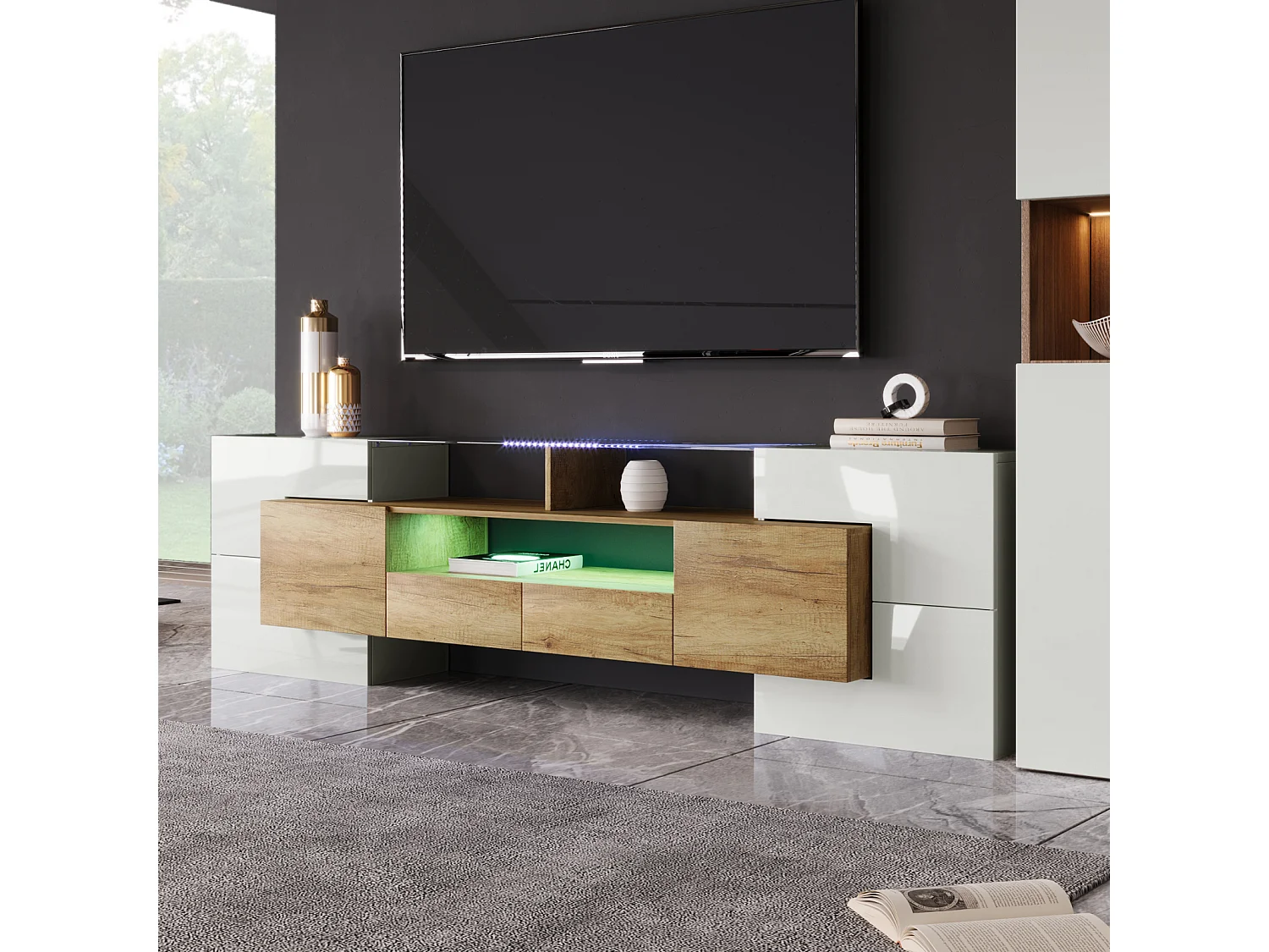 LED TV-standaard, hoge tv-kast voor woonkamer, met opbergruimte, 200 x 30 x 60 cm, wit & hout