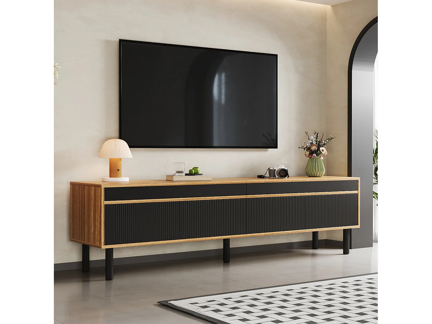 TV-meubel van hout en zwart, laag tv-meubel met 4 deuren, voor hal en slaapkamer, 170x38x47,7cm