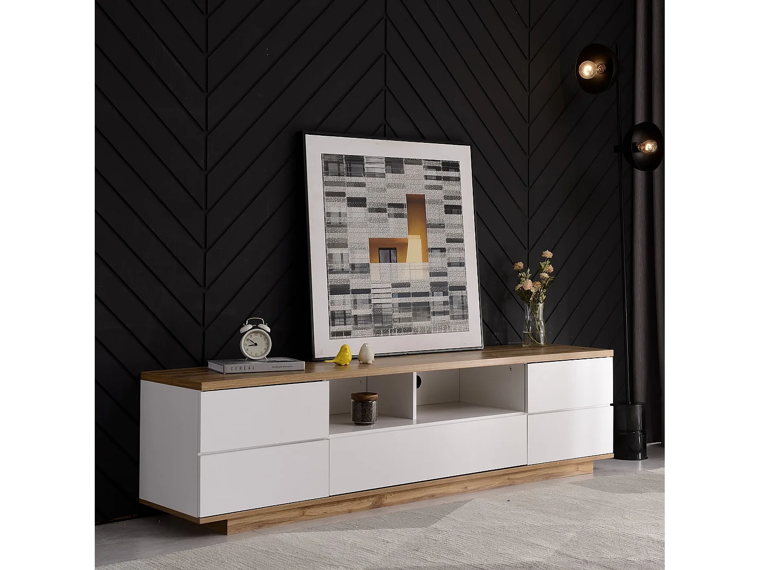 Armoire de rangement pour TV en blanc et bois, buffet avec cinq portes et deux compartiments ouverts