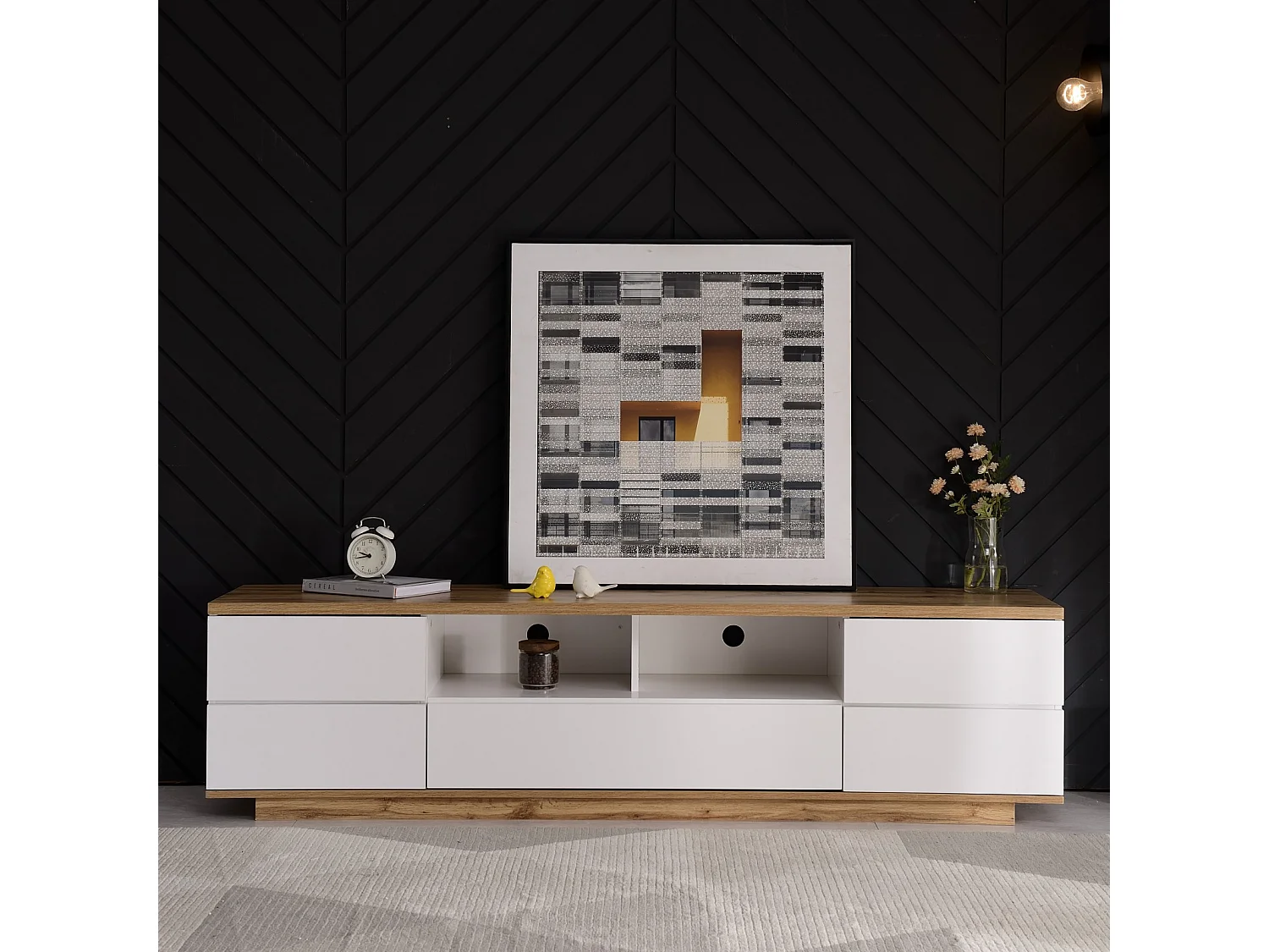 Armoire de rangement pour TV en blanc et bois, buffet avec cinq portes et deux compartiments ouverts