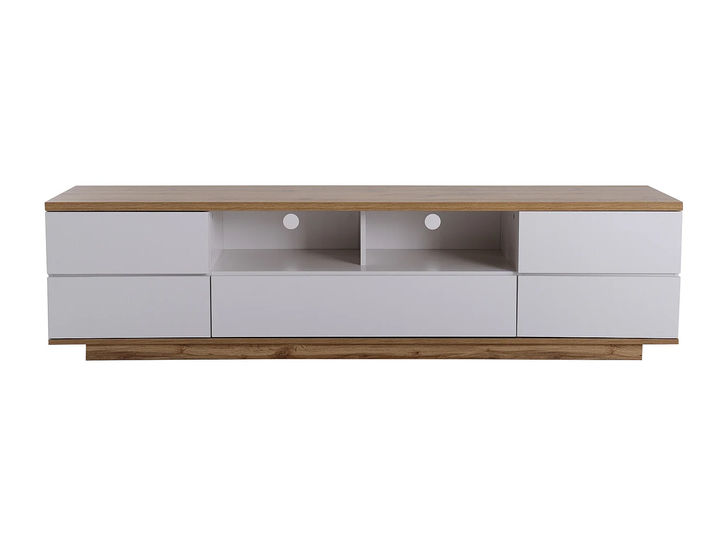 Armoire de rangement pour TV en blanc et bois, buffet avec cinq portes et deux compartiments ouverts