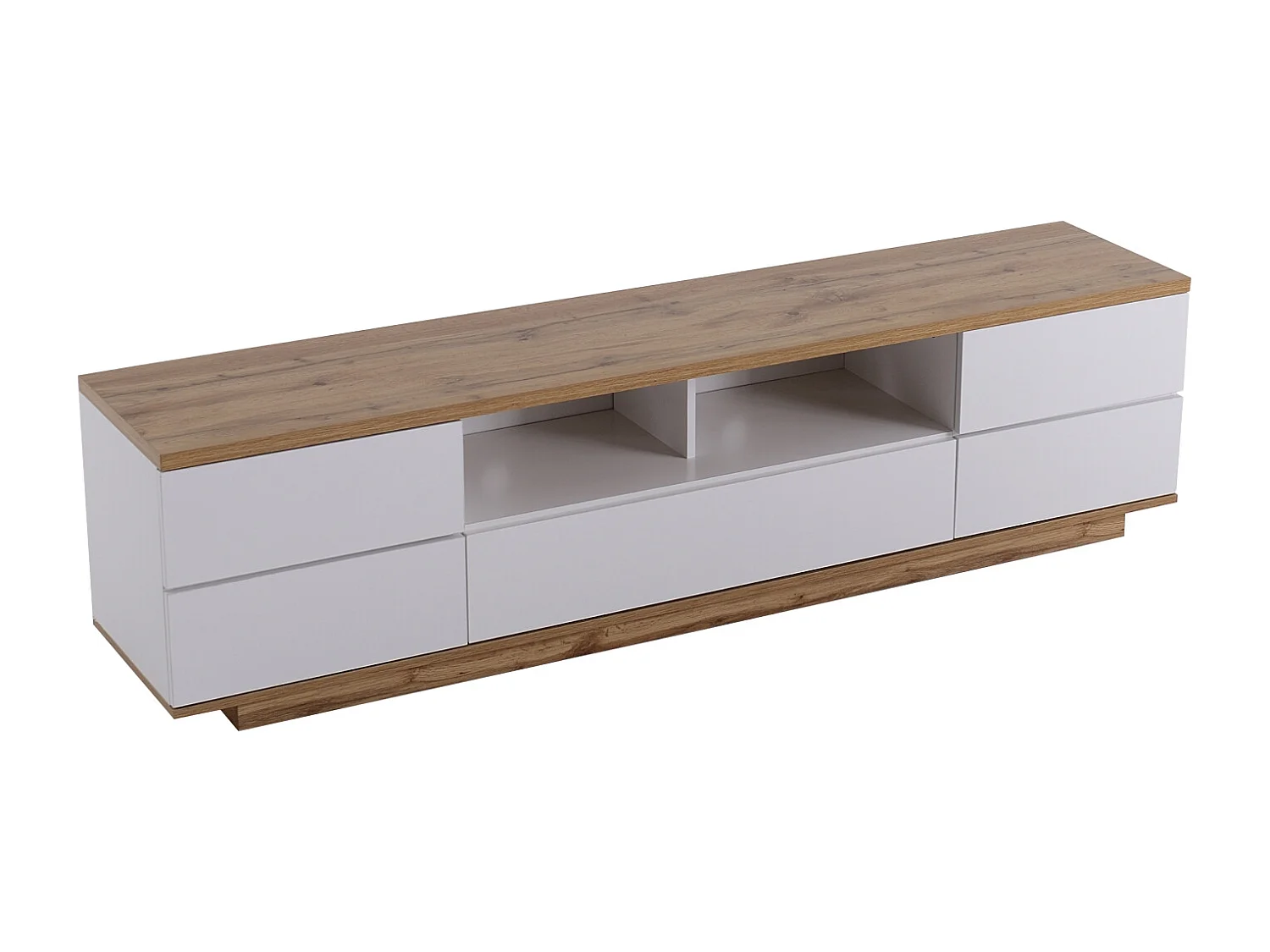 Armoire de rangement pour TV en blanc et bois, buffet avec cinq portes et deux compartiments ouverts