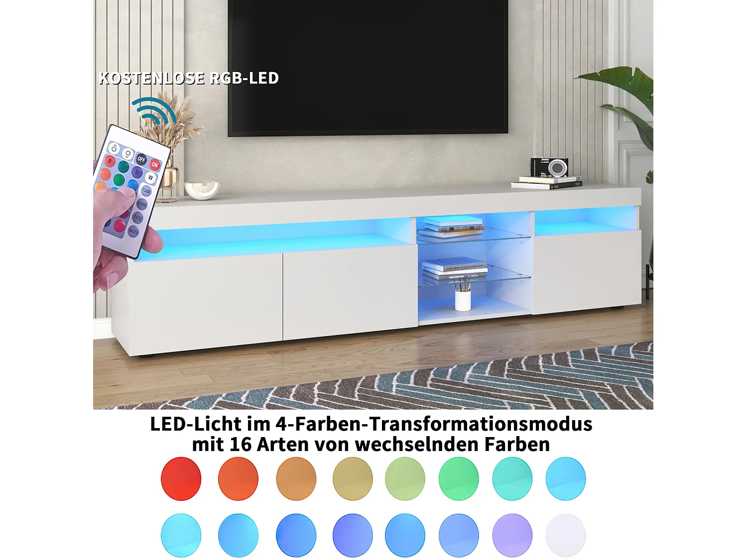 Móvel para TV com espaço de armazenamento, 3 portas e 2 prateleiras de vidro, com iluminação LED ajustável, branco.