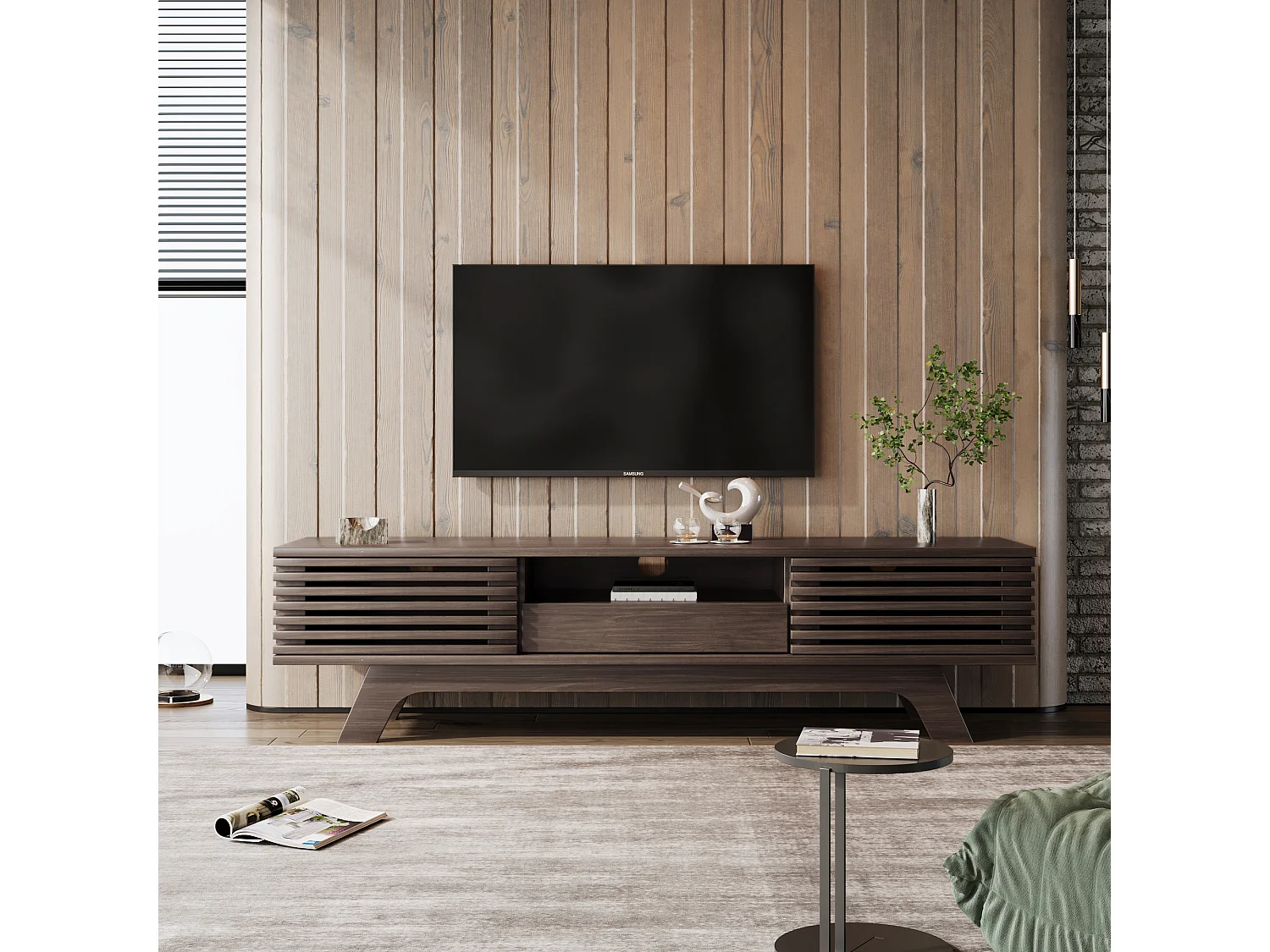 Houten tv-meubel, tv-kast met één lade en twee deuren, laag tv-dressoir voor de woonkamer, 150 x 35 x 44 cm