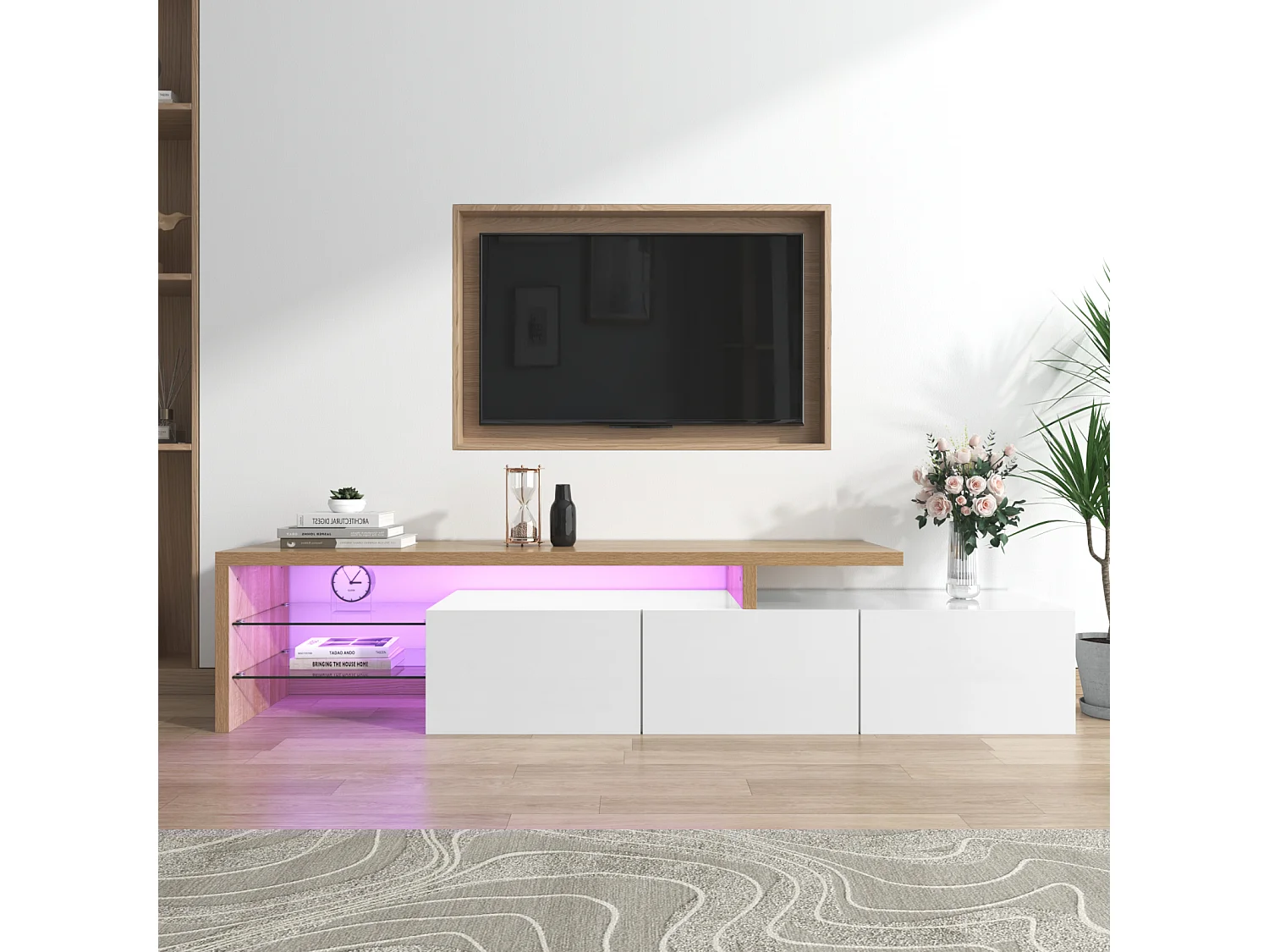Moderne tv-meubel in wit gelakt hout – LED-verlichting, glazen planken, met opbergruimte, 197 x 39 x 42 cm