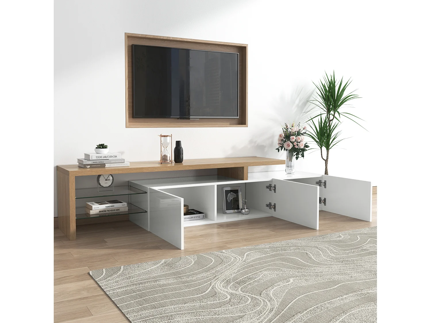 Moderne tv-meubel in wit gelakt hout – LED-verlichting, glazen planken, met opbergruimte, 197 x 39 x 42 cm