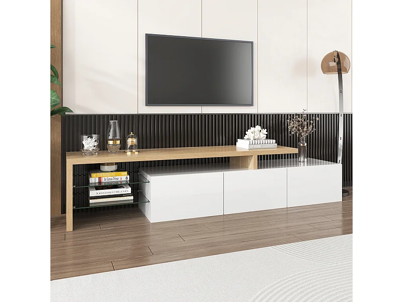 Moderne tv-meubel in wit gelakt hout – LED-verlichting, glazen planken, met opbergruimte, 197 x 39 x 42 cm