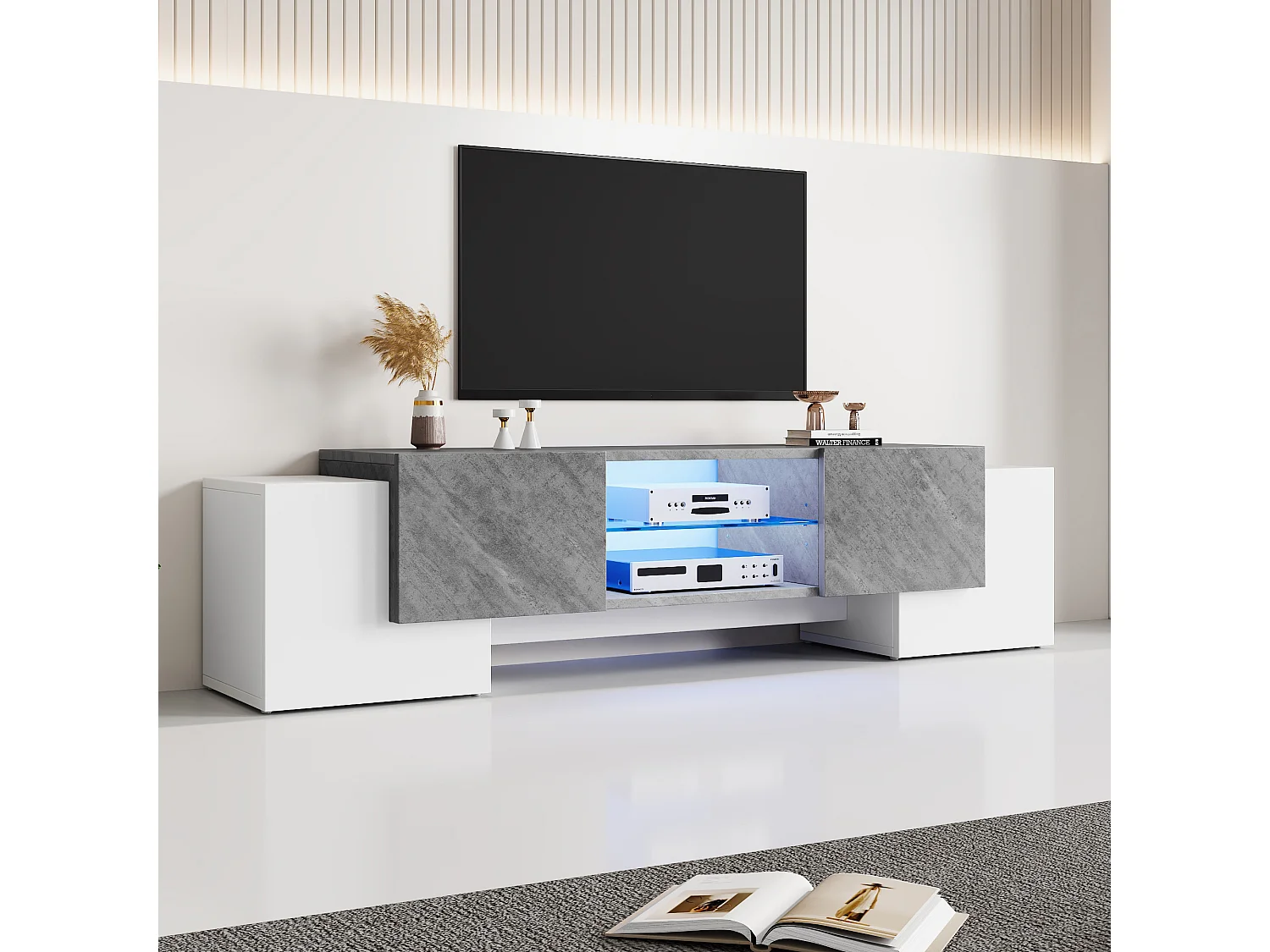 Lage tv-standaard met ledverlichting - tv-meubel met 4 deuren en glazen planken - Wit en grijs