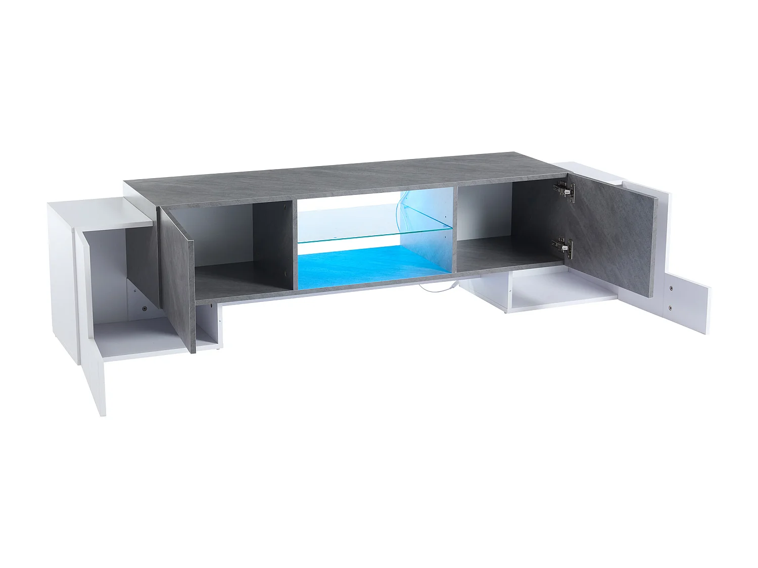 Lage tv-standaard met ledverlichting - tv-meubel met 4 deuren en glazen planken - Wit en grijs