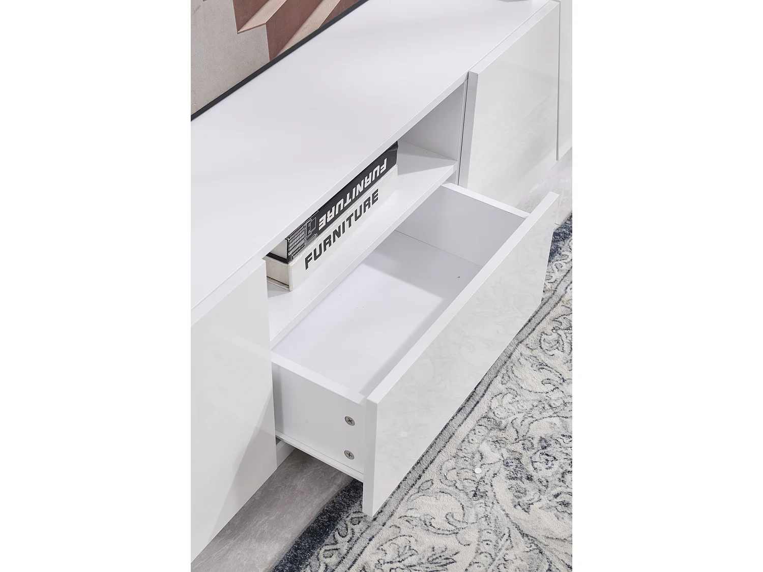 Mobile porta TV moderno bianco lucido per soggiorno, stile patchwork smussato, 170 x 42 x 37 cm