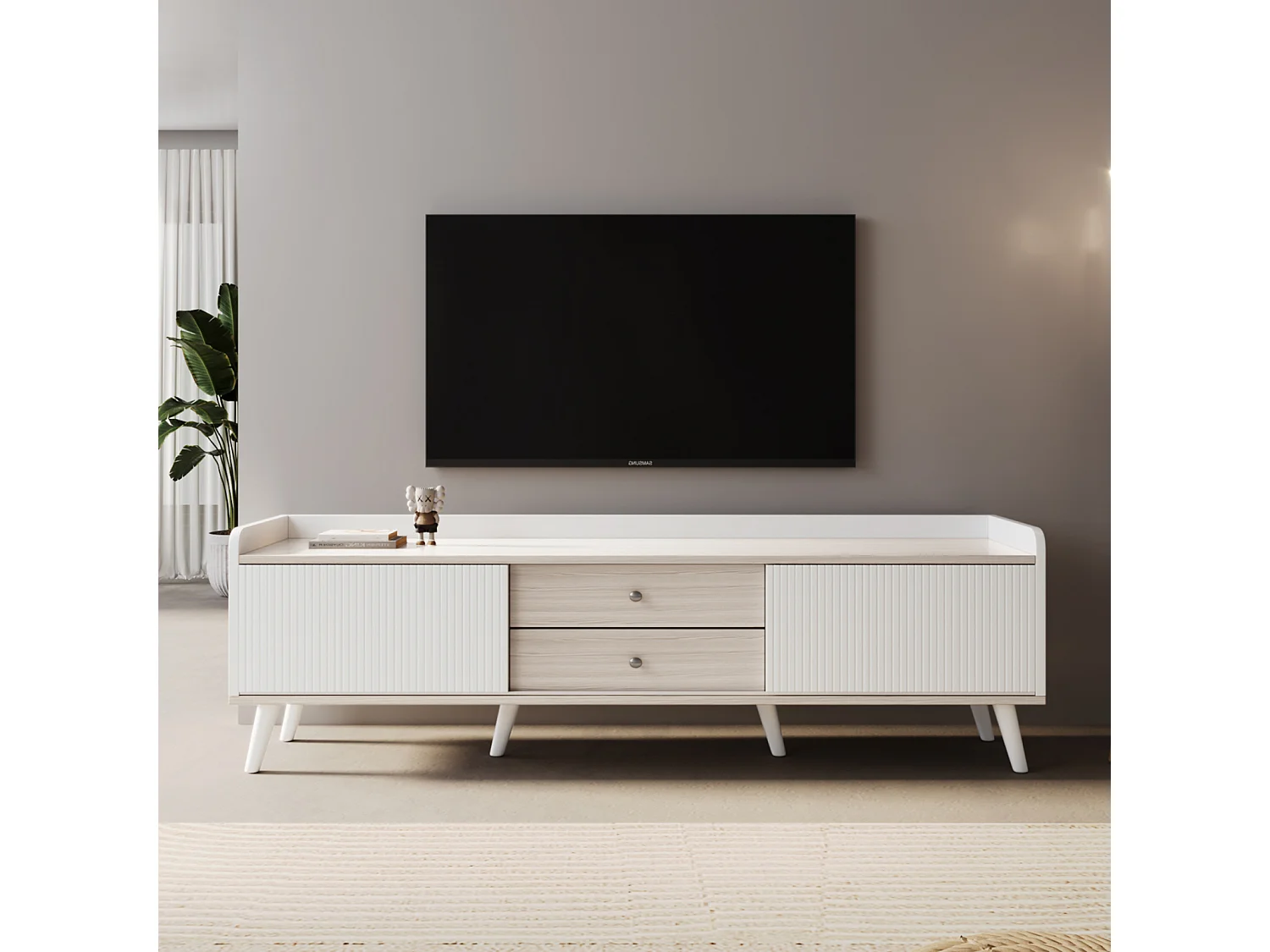 Mueble TV bajo con cajones, Mueble TV moderno con dos puertas correderas, Color blanco y madera