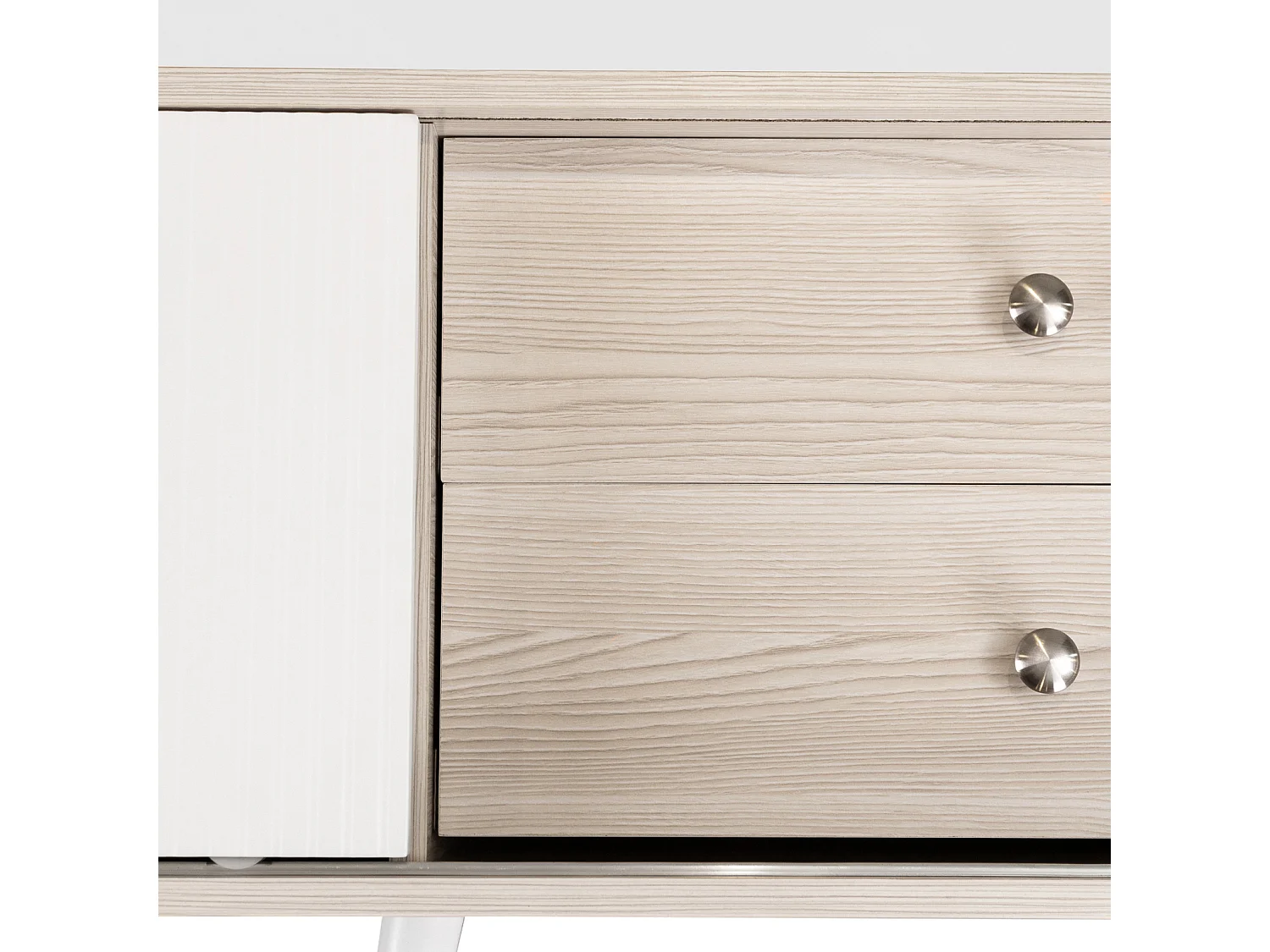 Mueble TV bajo con cajones, Mueble TV moderno con dos puertas correderas, Color blanco y madera