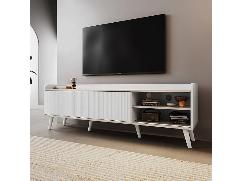 Mueble TV bajo con cajones, Mueble TV moderno con dos puertas correderas, Color blanco y madera