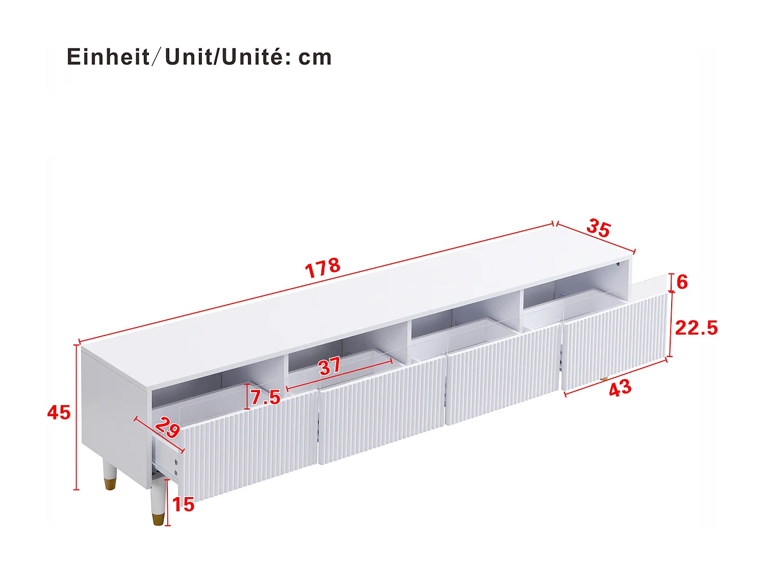 Mobile TV moderno con effetto legno, 178 cm - Design minimalista, ampio spazio di archiviazione, 4 cassetti, bianco