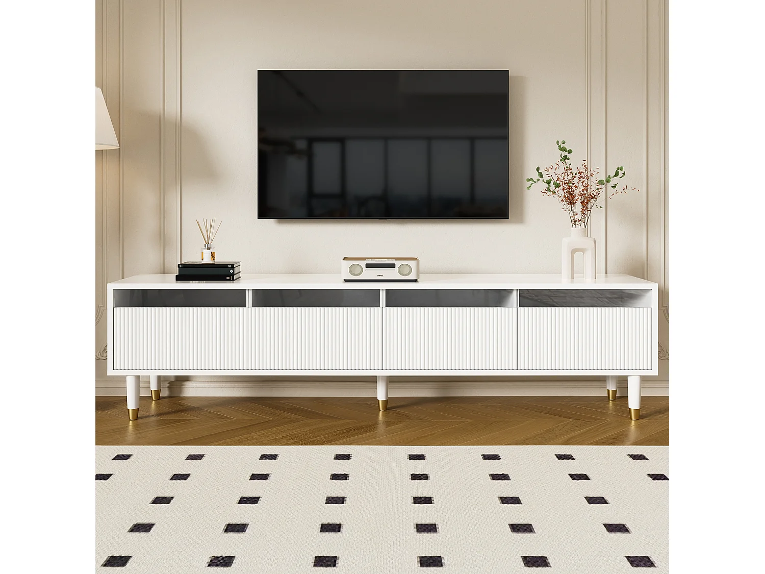 Móvel de TV moderno com acabamento em madeira, 178 cm – Design minimalista, amplo espaço de armazenamento, 4 gavetas, branco