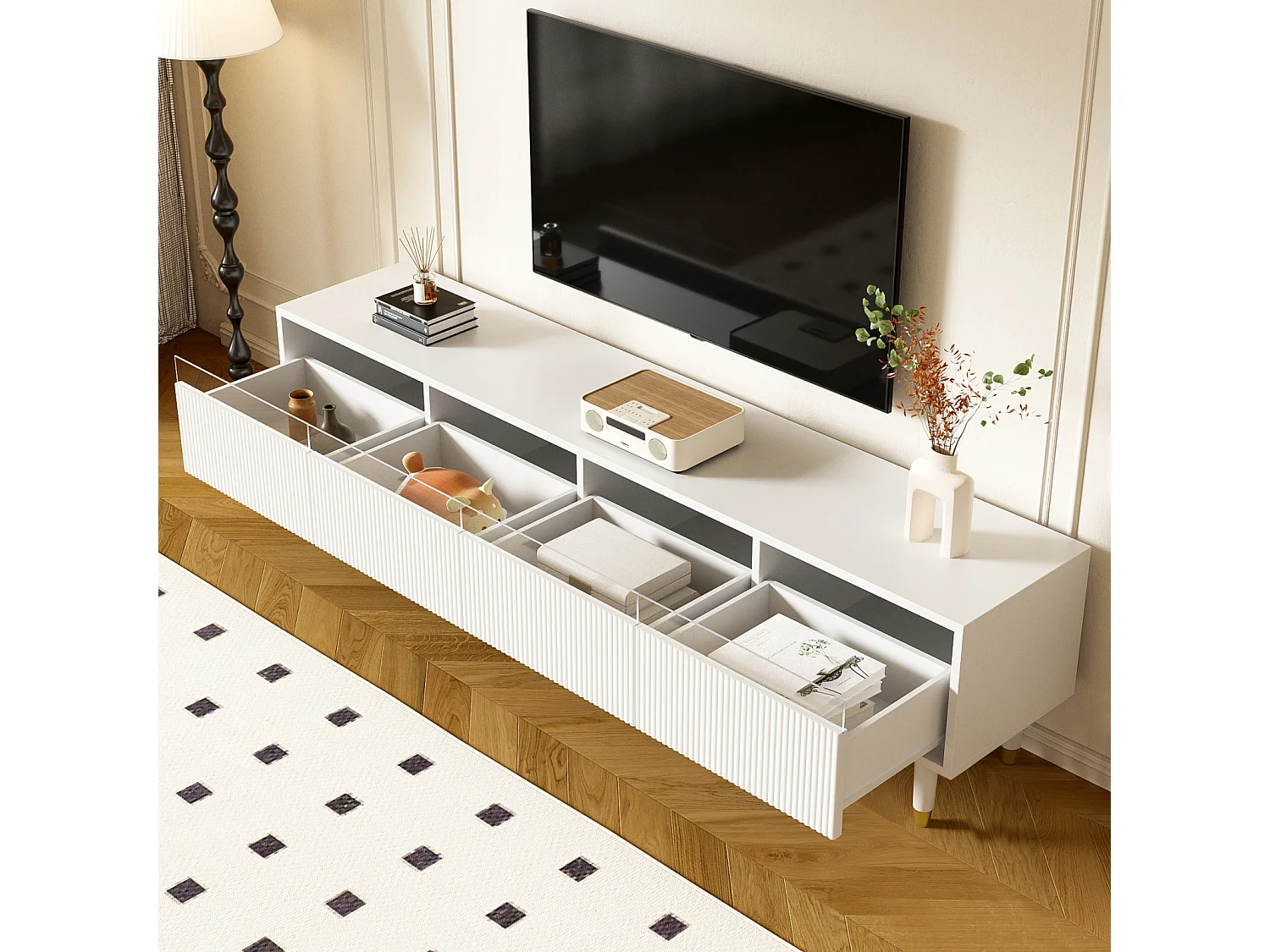 Móvel de TV moderno com acabamento em madeira, 178 cm – Design minimalista, amplo espaço de armazenamento, 4 gavetas, branco