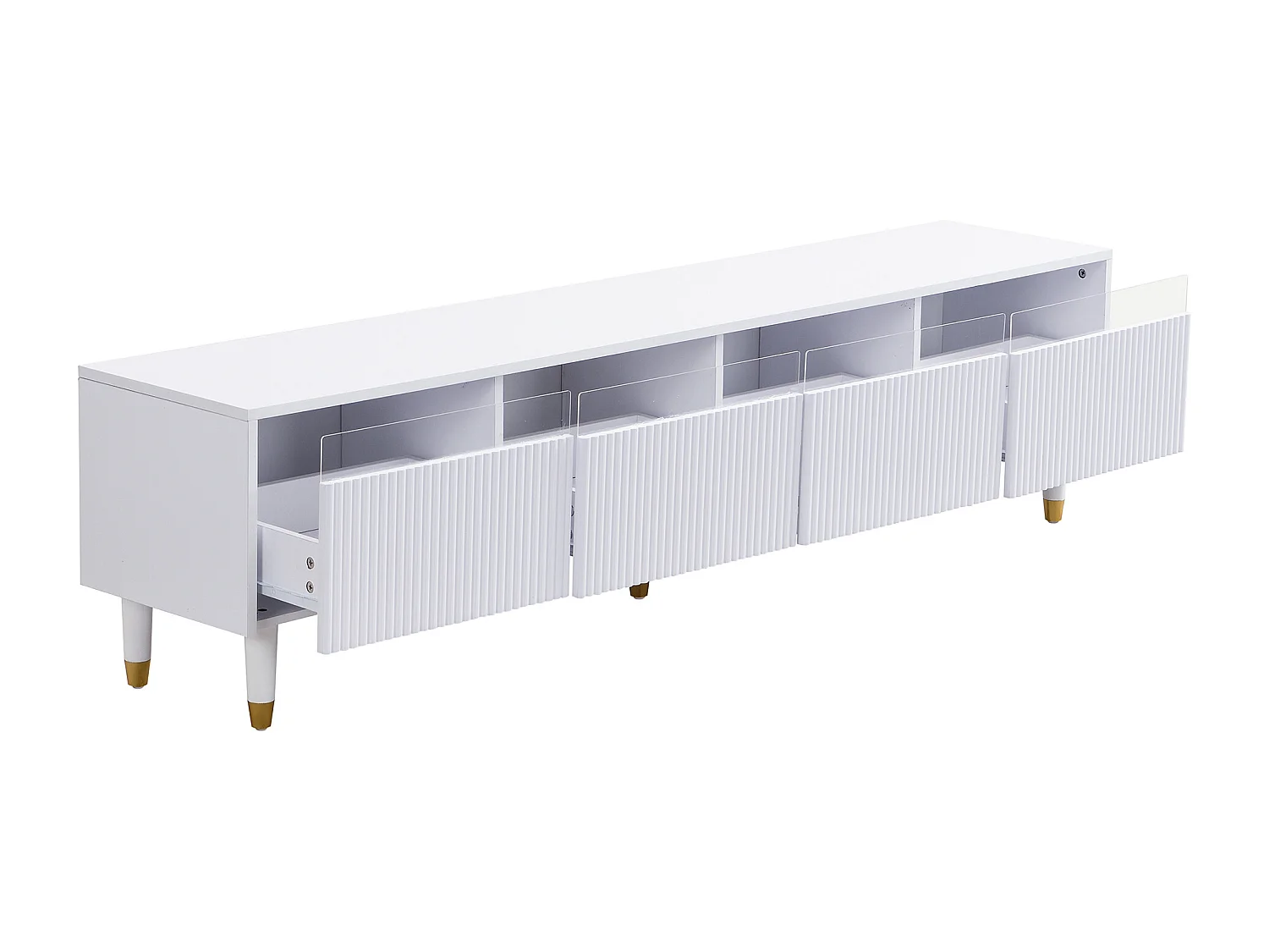 Móvel de TV moderno com acabamento em madeira, 178 cm – Design minimalista, amplo espaço de armazenamento, 4 gavetas, branco