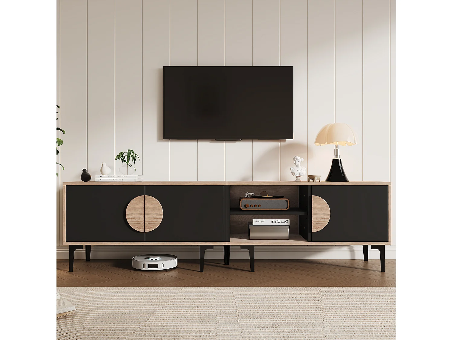 Lage tv-kast 180×35×49 cm hout/zwart, 2 kasten en open nissen, lowboard voor tv's tot 80"