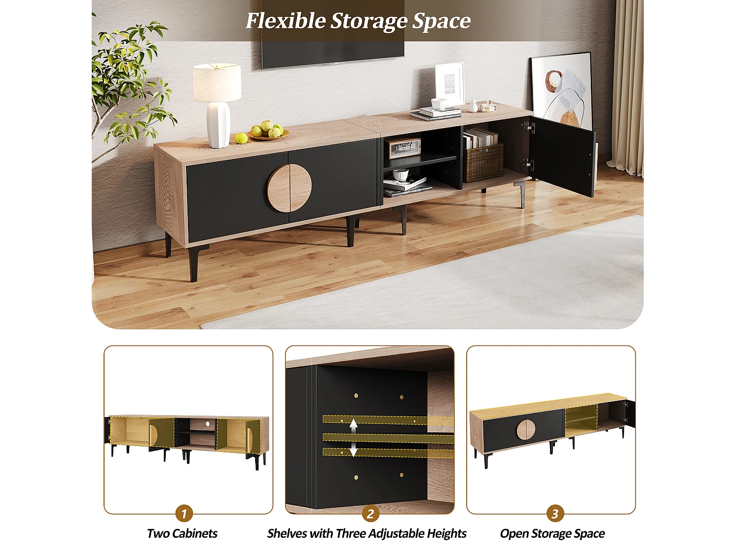 Lage tv-kast 180×35×49 cm hout/zwart, 2 kasten en open nissen, lowboard voor tv's tot 80"