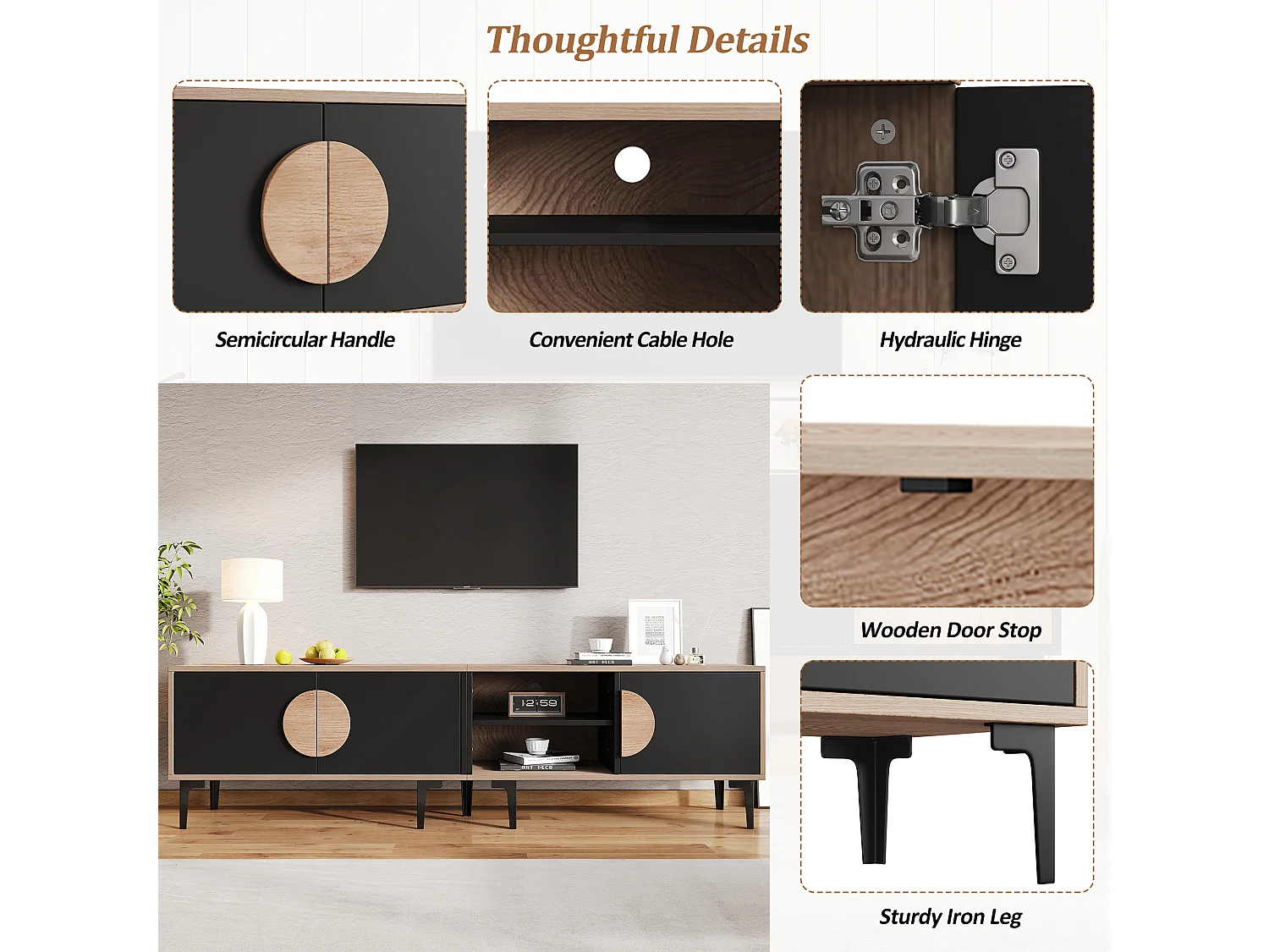 Lage tv-kast 180×35×49 cm hout/zwart, 2 kasten en open nissen, lowboard voor tv's tot 80"