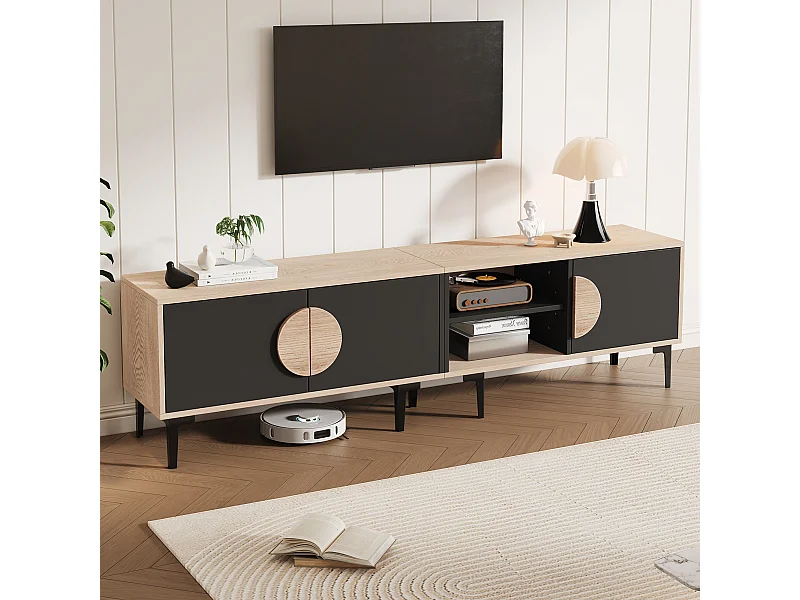 Lage tv-kast 180×35×49 cm hout/zwart, 2 kasten en open nissen, lowboard voor tv's tot 80"