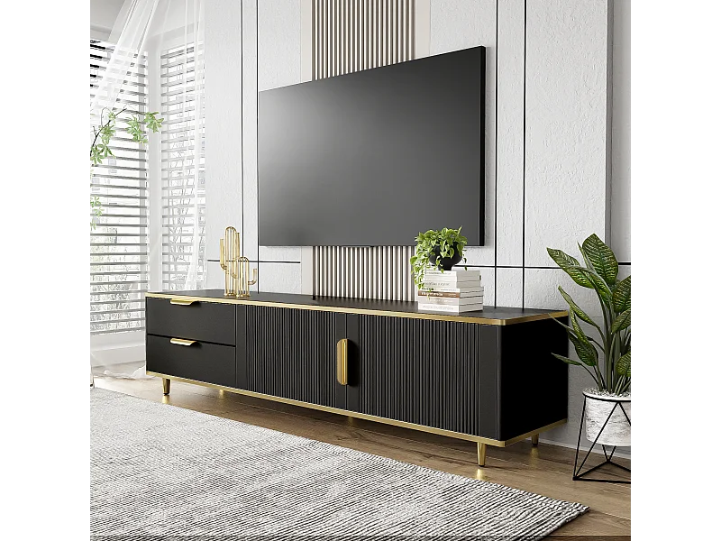 Mobile TV basso con frontali scolpiti, maniglie e gambe dorate, 175 x 40 x 45 cm, Nero