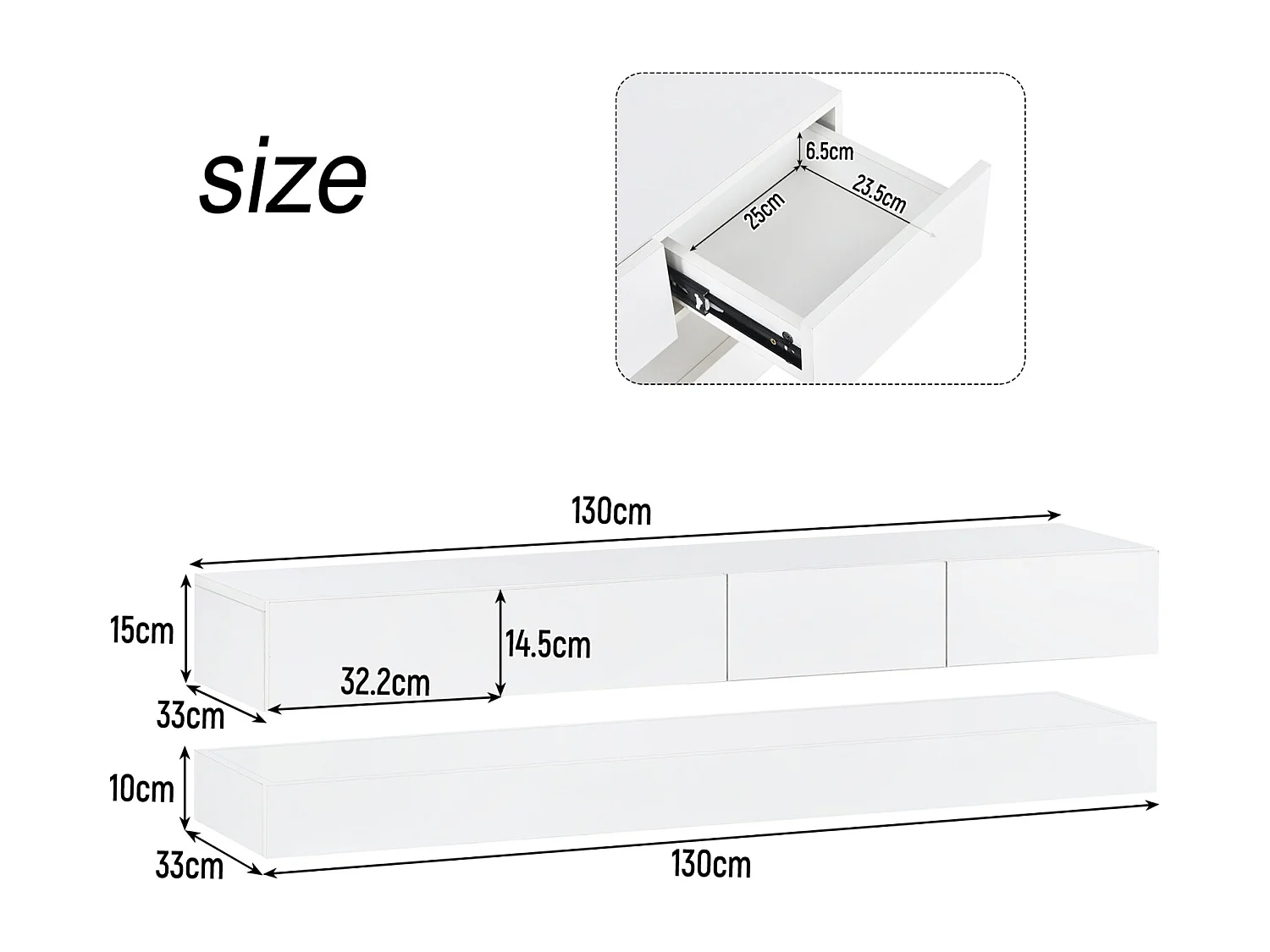 Wandmeubel 130 × 33 × 15 cm wit, 2 kasten, 4 lades, 16-kleurige ledverlichting, voor 55" tv's