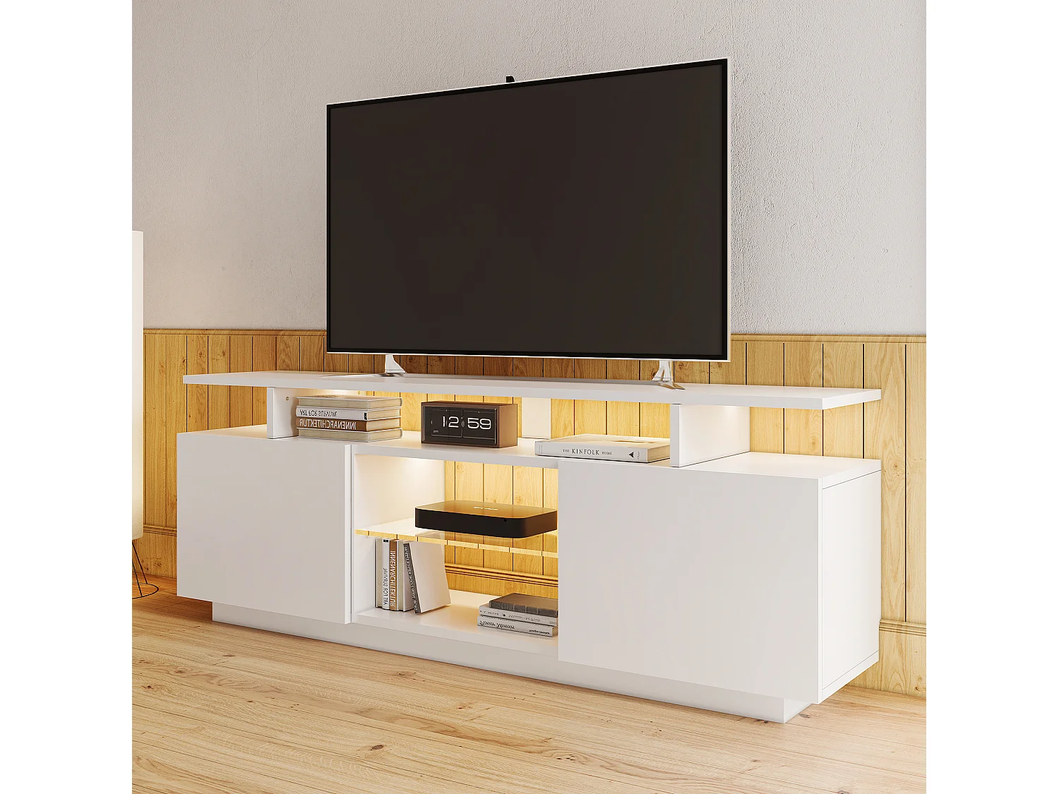 Witte tv-meubel 140 cm, 16-kleurige ledverlichting, gelakte deuren met glaspanelen, opbergruimte voor tv's tot 60"