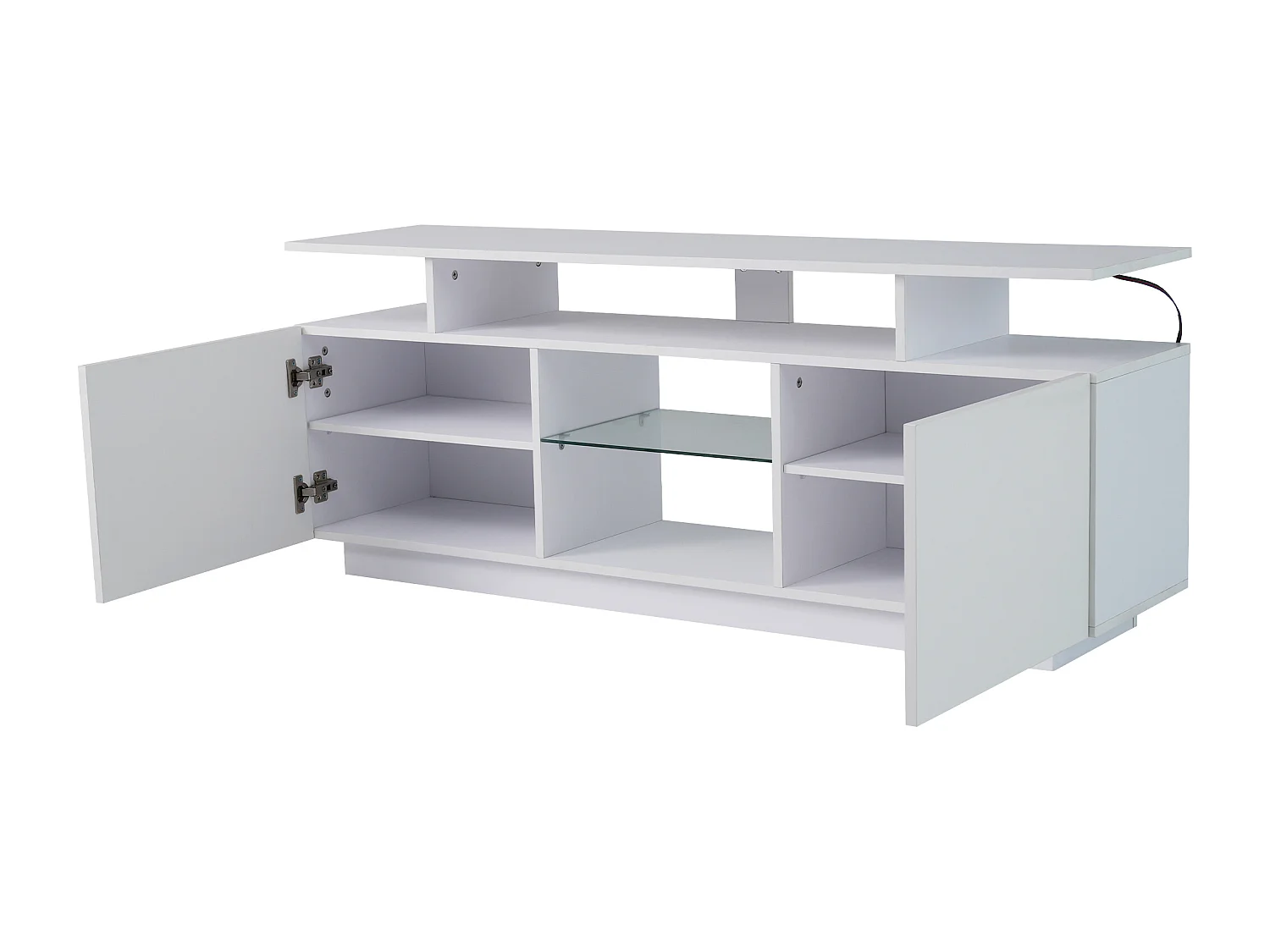 Witte tv-meubel 140 cm, 16-kleurige ledverlichting, gelakte deuren met glaspanelen, opbergruimte voor tv's tot 60"