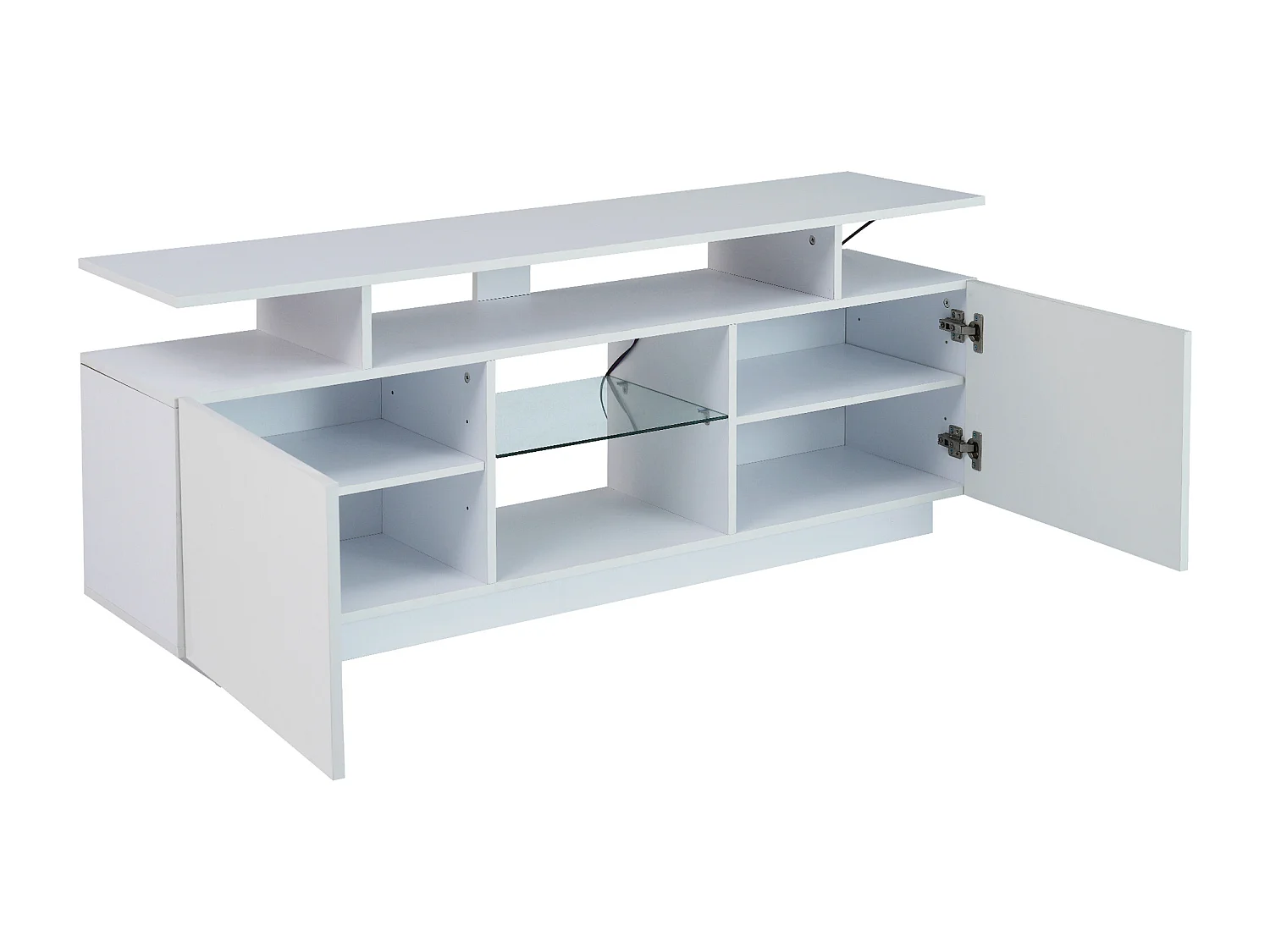 Witte tv-meubel 140 cm, 16-kleurige ledverlichting, gelakte deuren met glaspanelen, opbergruimte voor tv's tot 60"