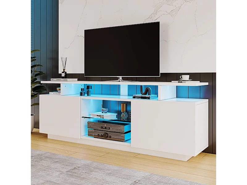 Witte tv-meubel 140 cm, 16-kleurige ledverlichting, gelakte deuren met glaspanelen, opbergruimte voor tv's tot 60"