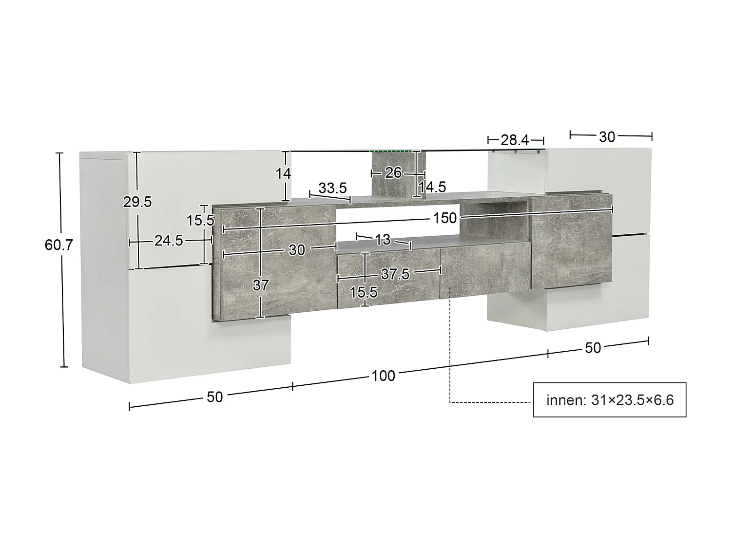 Mueble de TV con almacenaje, 6 puertas y 2 cajones, mueble de TV moderno con iluminación LED, gris y blanco