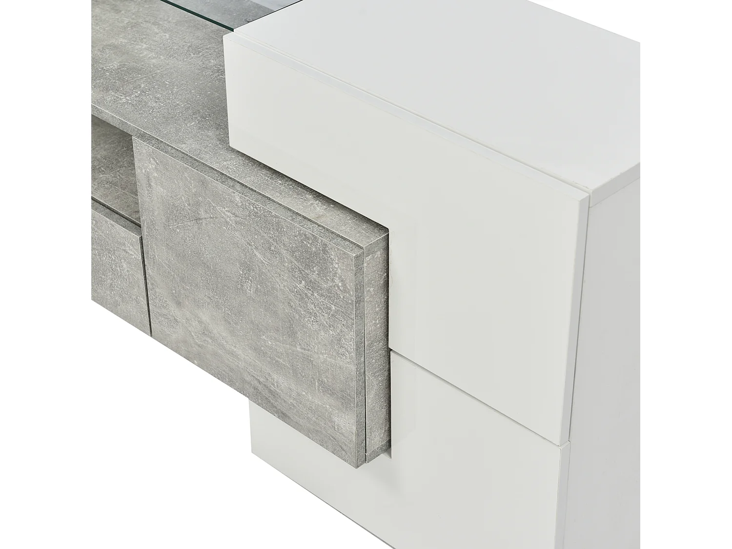 Mueble de TV con almacenaje, 6 puertas y 2 cajones, mueble de TV moderno con iluminación LED, gris y blanco