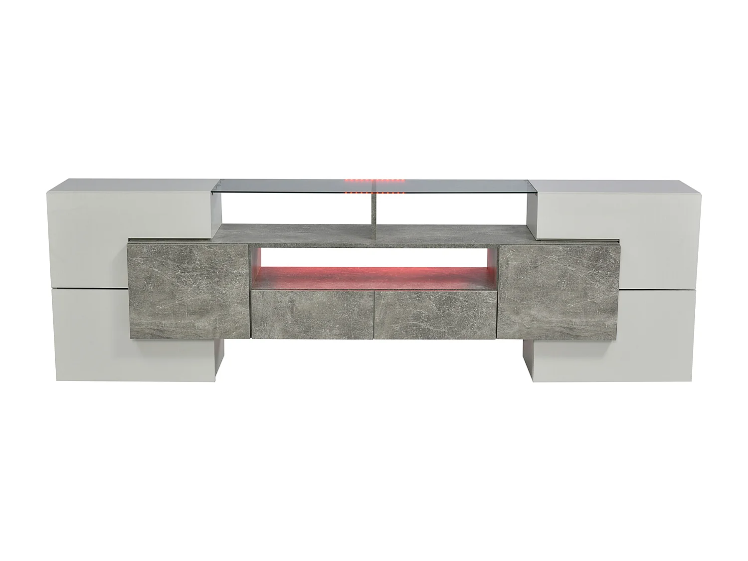 Mueble de TV con almacenaje, 6 puertas y 2 cajones, mueble de TV moderno con iluminación LED, gris y blanco