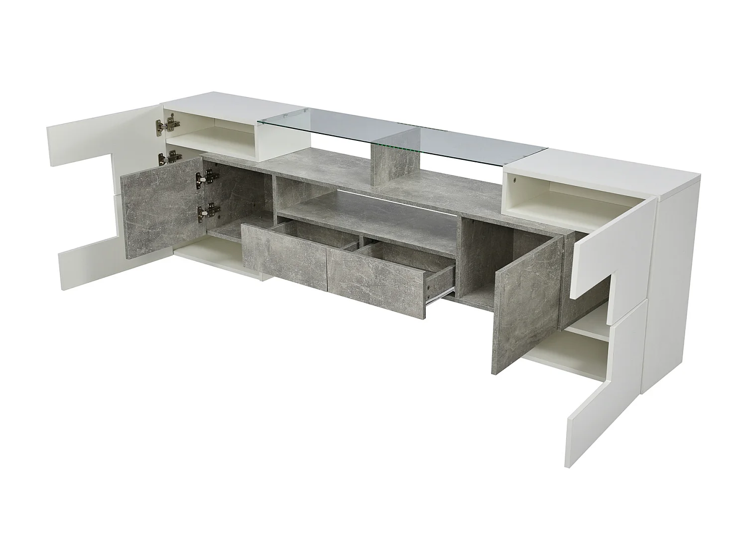 Mueble de TV con almacenaje, 6 puertas y 2 cajones, mueble de TV moderno con iluminación LED, gris y blanco