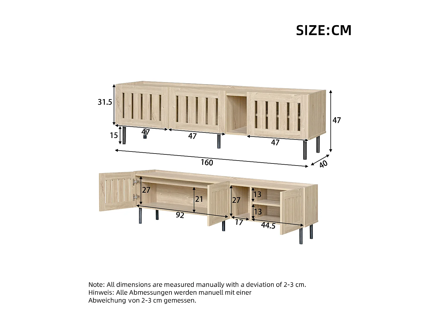 Suporte baixo para TV, 160×40×47 cm, cor natural, design vazado, em MDF, para TVs de até 65 polegadas, para sala de estar.