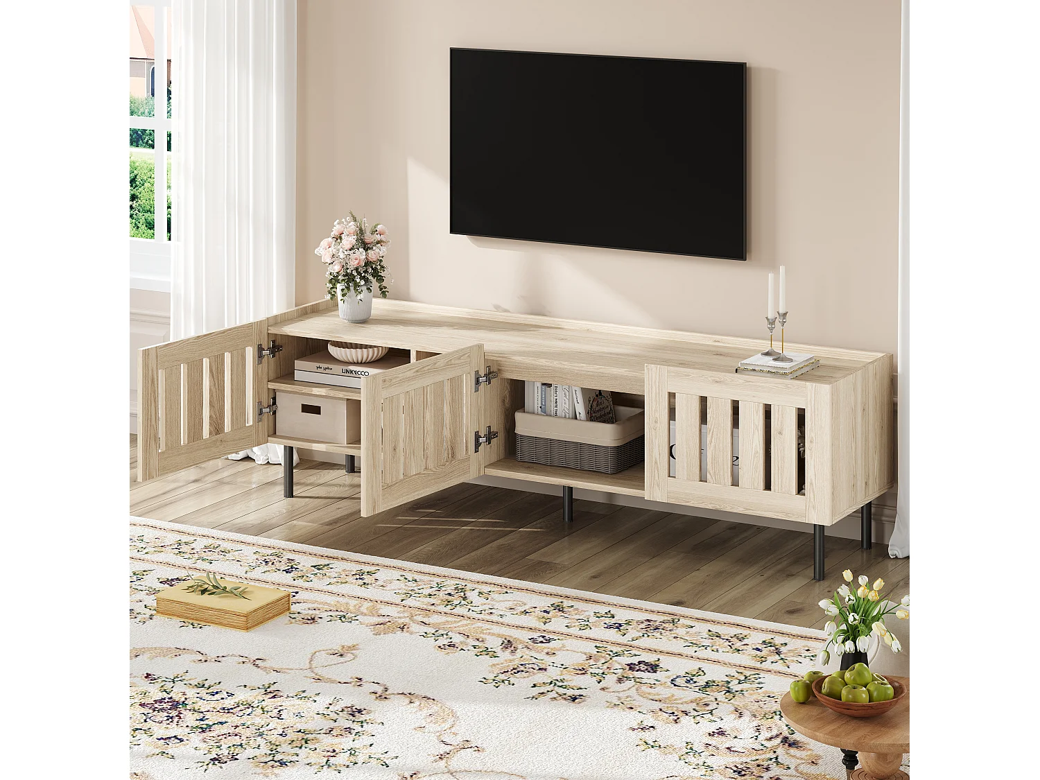 Suporte baixo para TV, 160×40×47 cm, cor natural, design vazado, em MDF, para TVs de até 65 polegadas, para sala de estar.