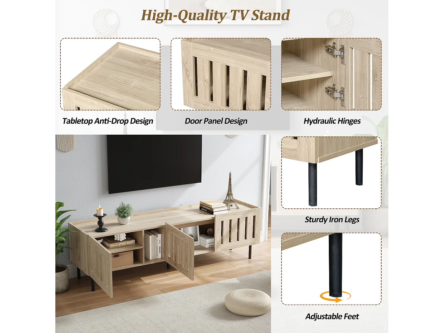 Suporte baixo para TV, 160×40×47 cm, cor natural, design vazado, em MDF, para TVs de até 65 polegadas, para sala de estar.